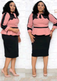 Africa Style Plus Size Tie Bow Mesh Patchwork Peplum Dress