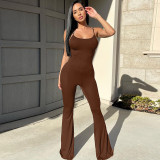 Sexy U-neck Low Back Solid Cami Flare Jumpsuit