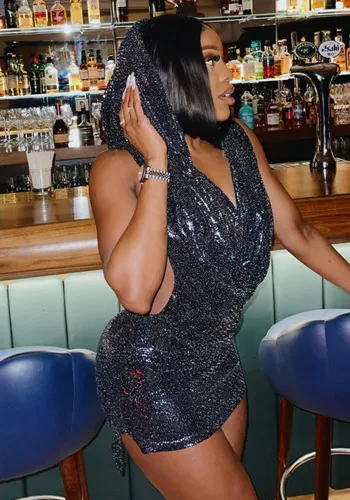 Sexy Shiny Cowl Neck Bodycon Mini Dress
