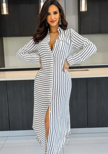 Striped Turndown Collar Patchwork Long Shirt Dress