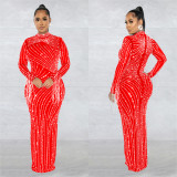 Rhinestone Beaded Mesh See-Through Long Sleeve Maxi Dress & Bodysuit 2PCS Set