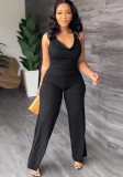 Ribbed Halter Neck Low Back Casual Wide-Leg Jumpsuit