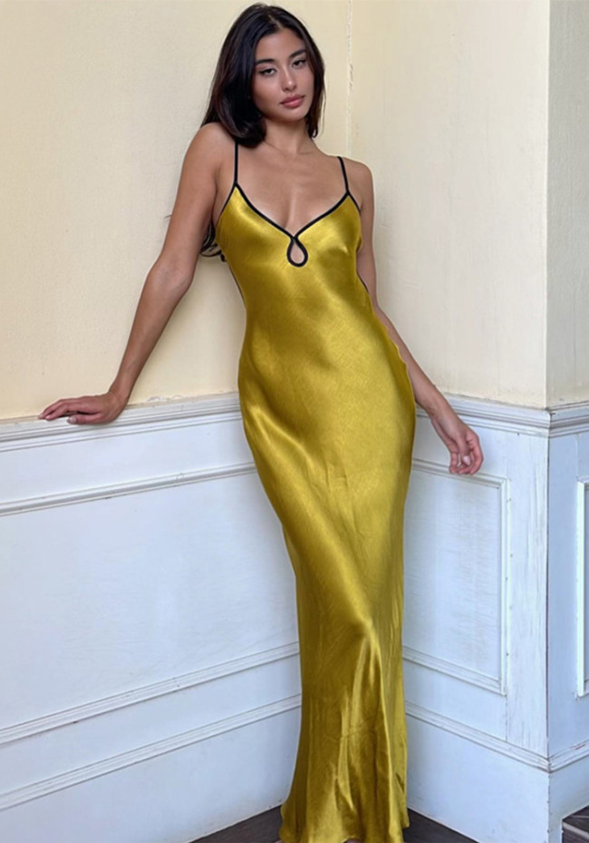 Sexy Solid Cami Backless Contrast Piping Long Dress