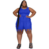 Plus Size Sleeveless Bodysuit Top and Tassel Shorts Solid Two-Piece Set