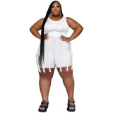 Plus Size Sleeveless Bodysuit Top and Tassel Shorts Solid Two-Piece Set