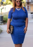 Blue Houndstooth Print Short Sleeve Plus Size Bodycon Dress