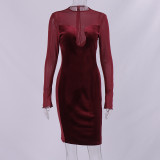 Sexy Burgundy Mesh Velvet Patchwork See Through Bodycon Dress