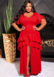 Plus Size Solid Slit Ruffles Tiered Maxi Dress