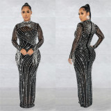 Rhinestone Beaded Mesh See-Through Long Sleeve Maxi Dress & Bodysuit 2PCS Set