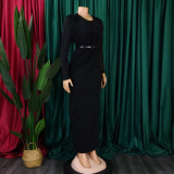 Solid Round Neck Long Sleeve Mesh Splicing Ruched Belted Slit Maxi Dress