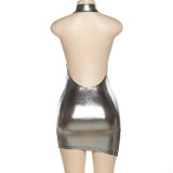 Metallic Shiny Halter Neck Backless Mini Bodycon Dress