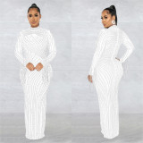 Rhinestone Beaded Mesh See-Through Long Sleeve Maxi Dress & Bodysuit 2PCS Set