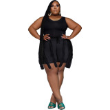 Plus Size Sleeveless Bodysuit Top and Tassel Shorts Solid Two-Piece Set