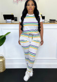 Striped Print Two-Piece Set Round Neck Short Sleeve Tee Top + Pants