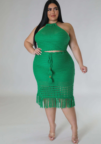 Plus Size Fringe Knitting Casual Two-Piece Skirt Set