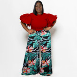 Plus Size Two Piece Set Solid Ruffles Short Sleeve Top + Printed Wide Leg Pants