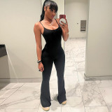 Sexy U-neck Low Back Solid Cami Flare Jumpsuit