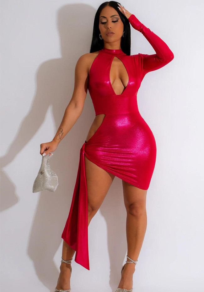 Sexy Cut Out Slit Single Sleeve Tie Bodycon Dress