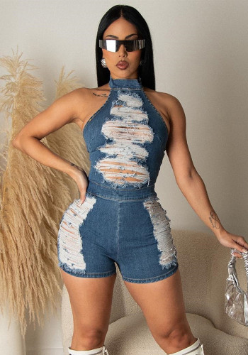 Stylish Halter Ripped Tassel Denim Rompers