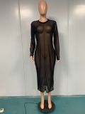 Plus Size Black See Through Mesh Long Sleeve Midi Dress