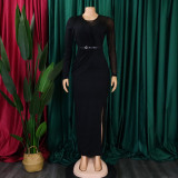 Solid Round Neck Long Sleeve Mesh Splicing Ruched Belted Slit Maxi Dress
