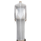 Rhinestone Beaded Mesh See-Through Long Sleeve Maxi Dress & Bodysuit 2PCS Set
