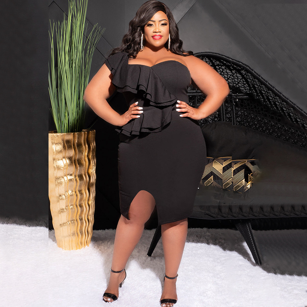 Plus Size Sexy Ruffles One Shoulder Slit Bodycon Dress US$ 9.46 -  www.lover-pretty.com