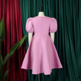 Solid Puff Sleeve Short Sleeve High Waist A-Line Dress