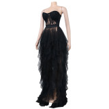 Sexy See-Through Strapless Mesh Lace Slit Maxi Dress