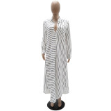 Striped Turndown Collar Patchwork Long Shirt Dress