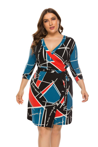 Plus Size Print V Neck Long Sleeve Wrapped Casual Dress