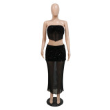 Sexy Sequin Irregular Tube Top with Slit Skirt Mesh Patchwork 2PCS Set