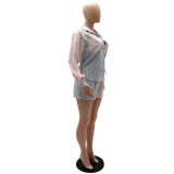 Two Pieces Striped Patchwork Long Sleeve Shirt + High Waist Shorts Set