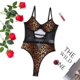 Sexy Leopard Print See-Through Mesh Sexy Hollow Teddies Lingerie Bodysuit