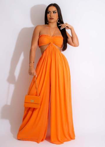 Sexy Chiffon Halter Backless Cutout Wide Leg Fashion Jumpsuit