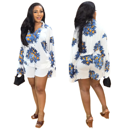 Floral Print Long Sleeve Shirt Shorts Casual Career 2PCS Set