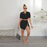 Sexy Turndown Collar Open Back Short Sleeve Top and Mini Slit Skirt 2PCS Set