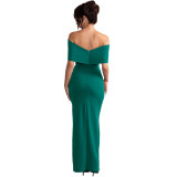 Bow Off Shoulder Ruched Slit Evening Dress
