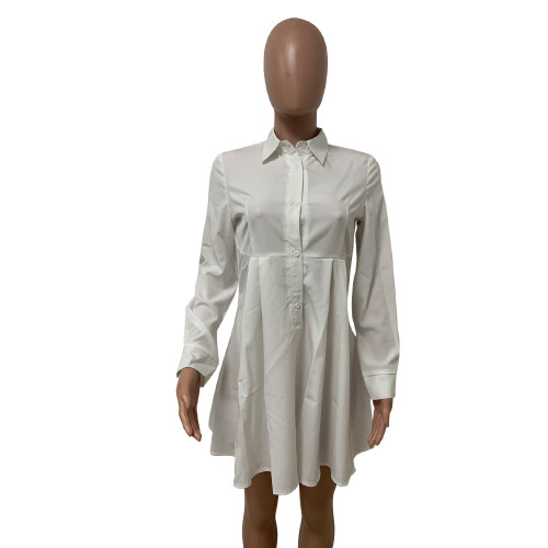 Trendy Turndown Collar White Long Sleeve A-line Shirt Dress