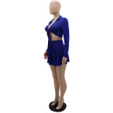 Sexy Long Sleeve Tie Front Crop Top + Elastic Waist Shorts 2PCS Set