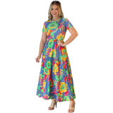 Floral Print Short Sleeve Holiday Maxi Dress