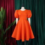 Solid Puff Sleeve Short Sleeve High Waist A-Line Dress