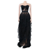 Sexy See-Through Strapless Mesh Lace Slit Maxi Dress