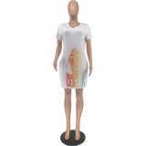 Character Print V-neck Short Sleeve Casual Dress