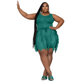 Plus Size Sleeveless Bodysuit Top and Tassel Shorts Solid Two-Piece Set