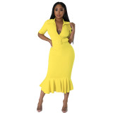 Solid Half Sleeve Slim Elegant Belted Mermaid Midi Dress