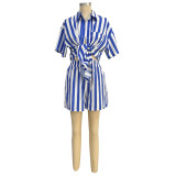 Blue & White Striped Long Sleeve Shirt Elastic Waist Shorts Cusual 2PCS Set