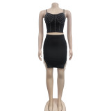 Trendy Rhinestone Sleeveless Cami Top Tassels Skirt 2PCS Set