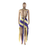 Contrast Color Trendy 2PCS Set One Shoulder Lace-Up Crop Top Tassels Skirt