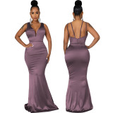 Sexy Deep V Neck Sleeveless Mermaid Dress Solid Evening Gown